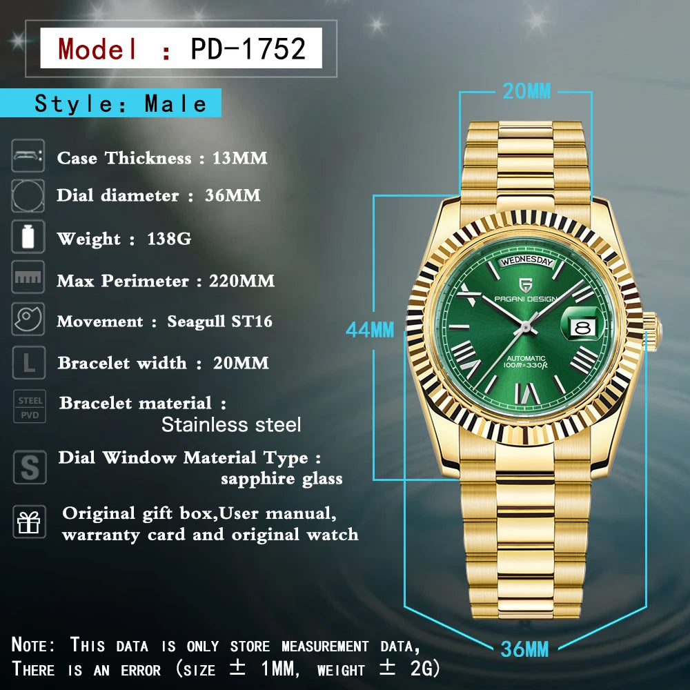 DD36 Gold Green V2 Men'S Mechanical Watches Luxury Automatic Watch for Men 2023 New AR Sapphire Glass Wrist Watch