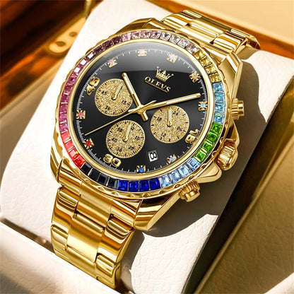 Watch for Men  Rainbow Gemstone Bezel Business Luxury Top Brand Quartz Watches Waterproof Sports Watches Reloj Hombre