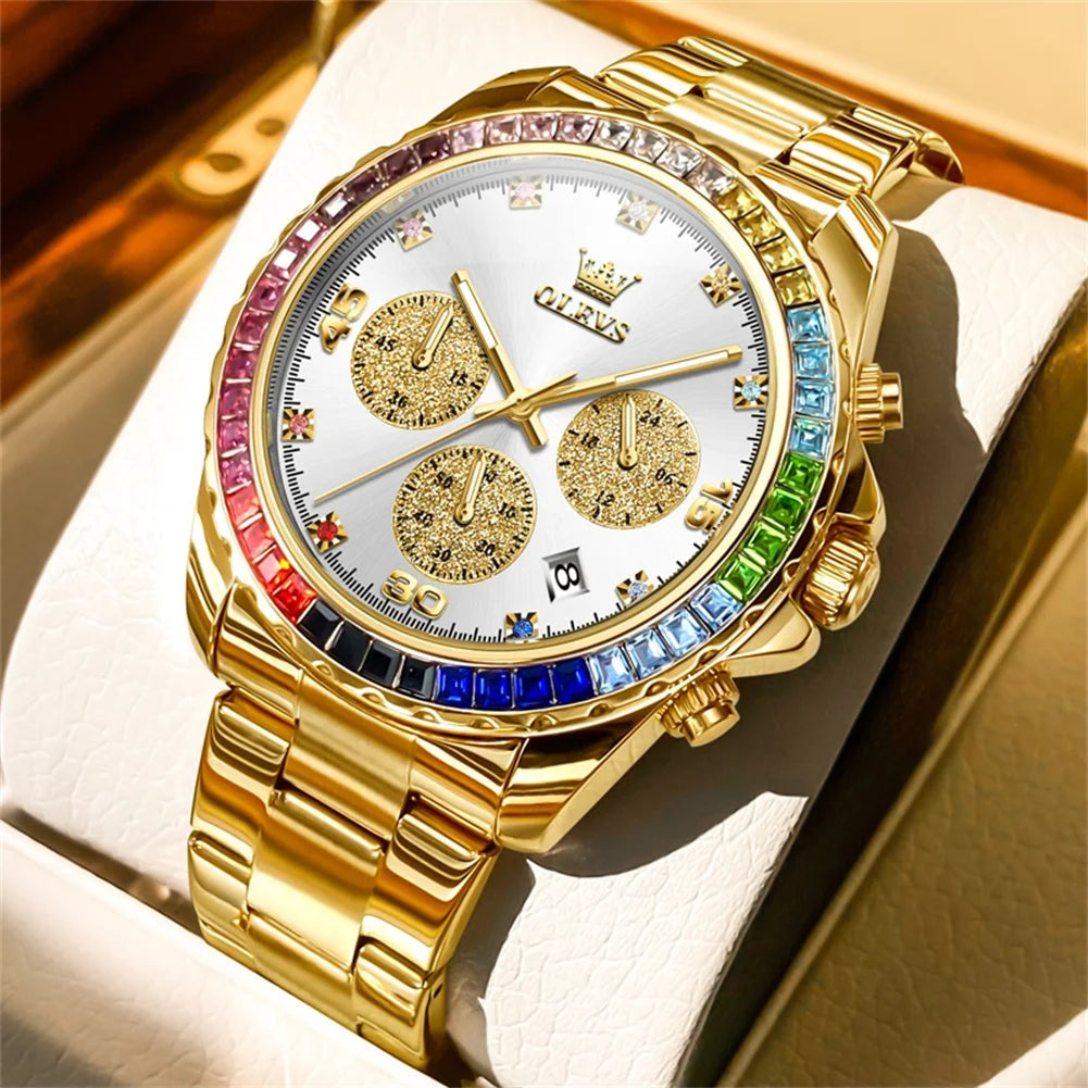 Watch for Men  Rainbow Gemstone Bezel Business Luxury Top Brand Quartz Watches Waterproof Sports Watches Reloj Hombre