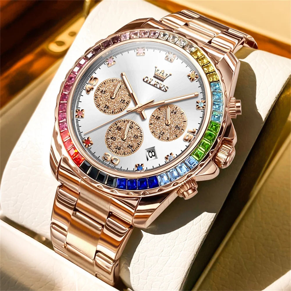 Watch for Men  Rainbow Gemstone Bezel Business Luxury Top Brand Quartz Watches Waterproof Sports Watches Reloj Hombre