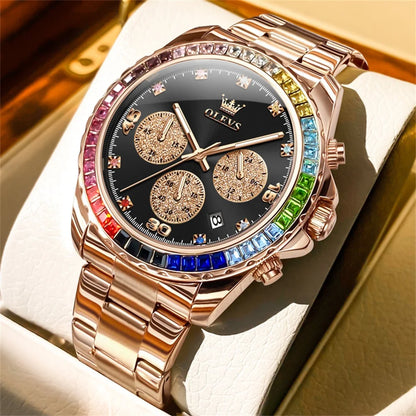 Watch for Men  Rainbow Gemstone Bezel Business Luxury Top Brand Quartz Watches Waterproof Sports Watches Reloj Hombre