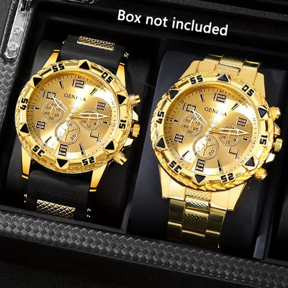 [Vintage Watch Set] 2Pcs Men'S Quartz Watch Set | Stainless Steel | Casual Watch | Business Watch | Silicone Watch