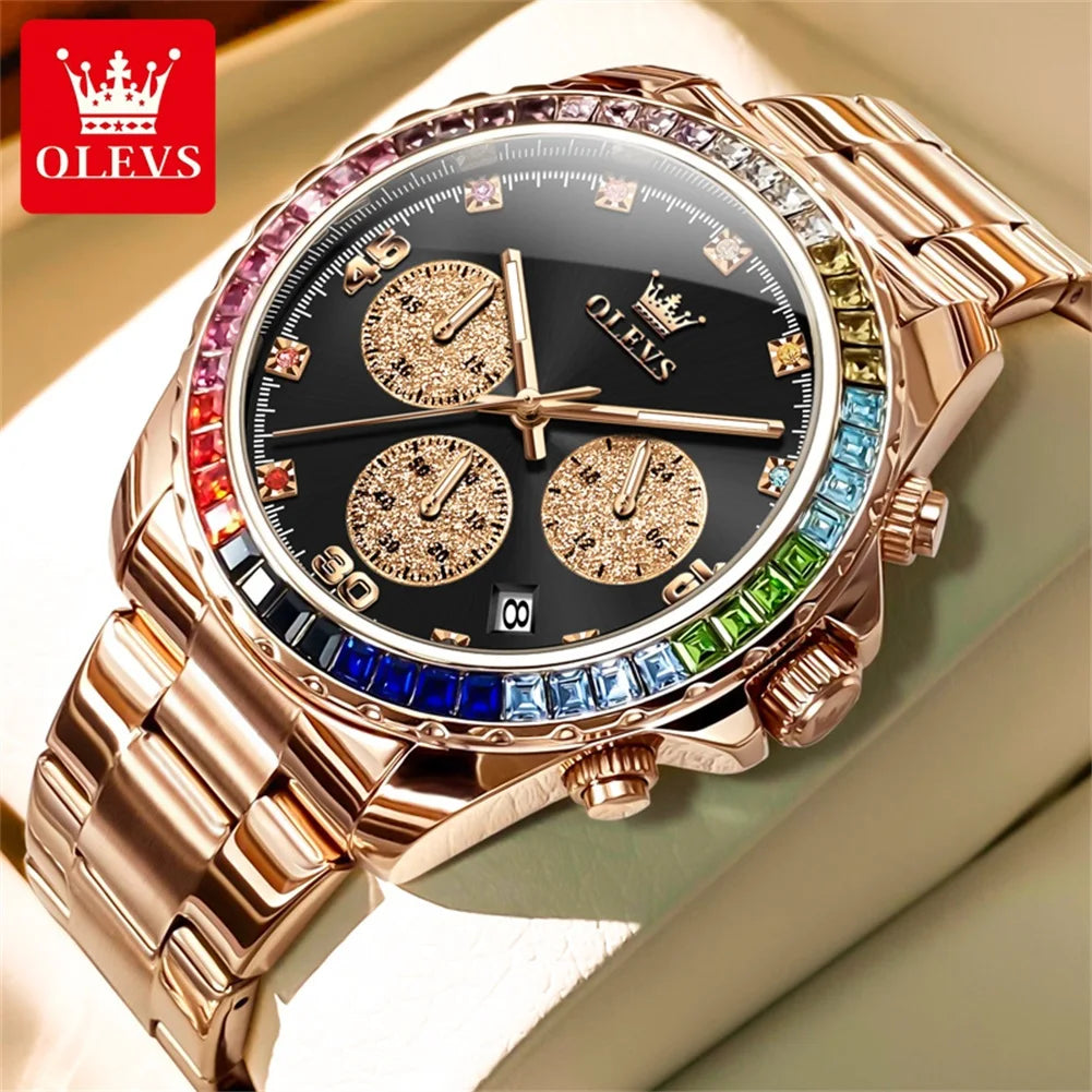 Watch for Men  Rainbow Gemstone Bezel Business Luxury Top Brand Quartz Watches Waterproof Sports Watches Reloj Hombre
