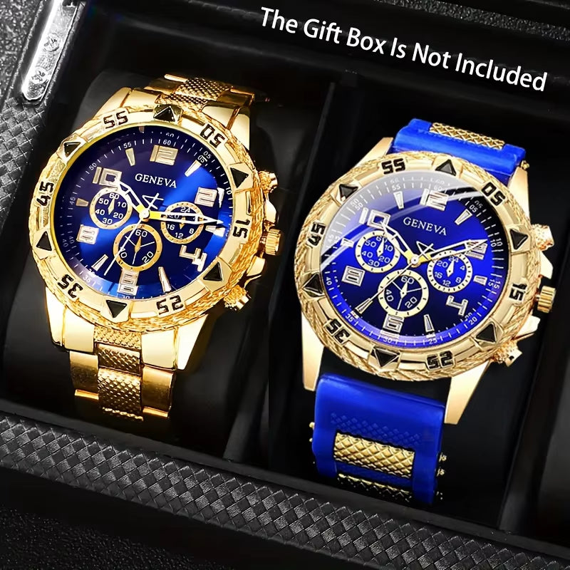 [Vintage Watch Set] 2Pcs Men'S Quartz Watch Set | Stainless Steel | Casual Watch | Business Watch | Silicone Watch