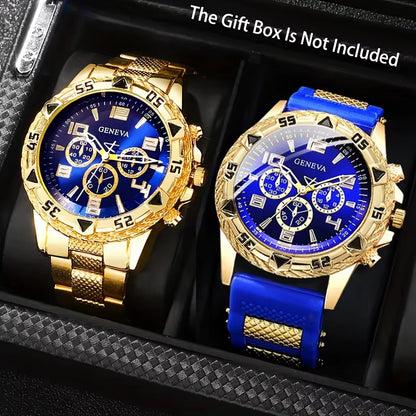 [Vintage Watch Set] 2Pcs Men'S Quartz Watch Set | Stainless Steel | Casual Watch | Business Watch | Silicone Watch