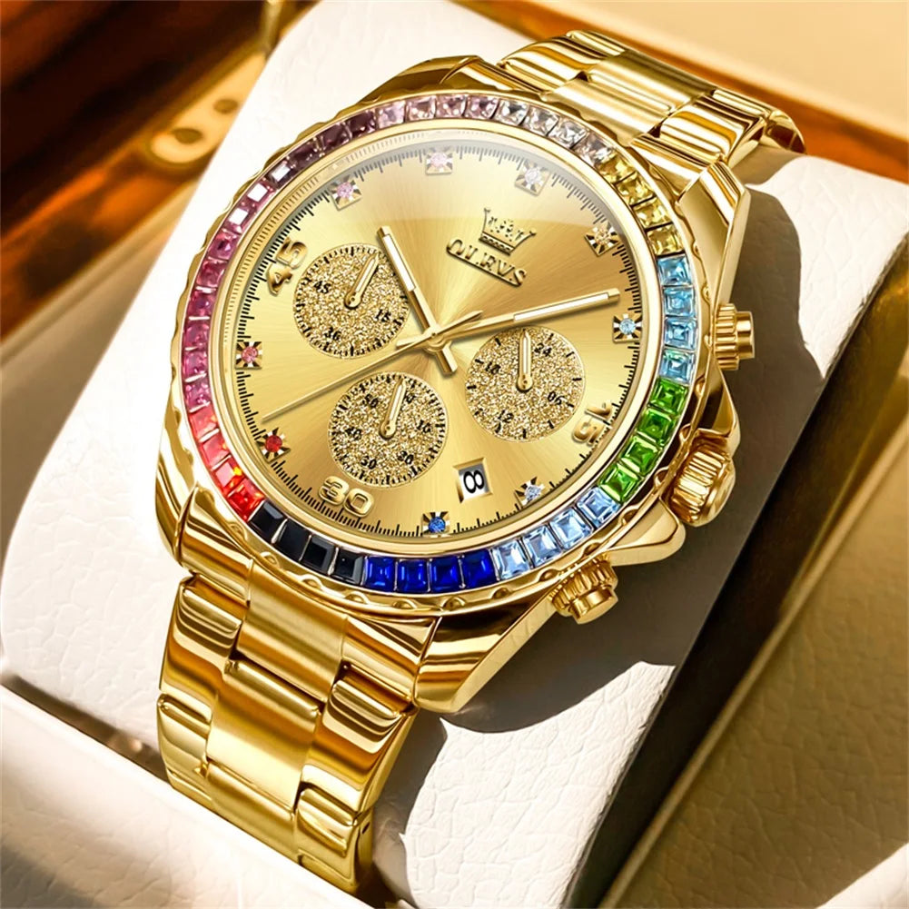 Watch for Men  Rainbow Gemstone Bezel Business Luxury Top Brand Quartz Watches Waterproof Sports Watches Reloj Hombre