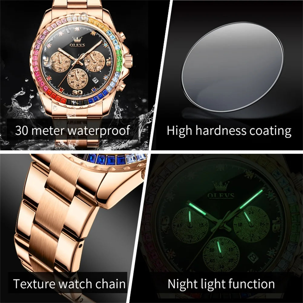 Watch for Men  Rainbow Gemstone Bezel Business Luxury Top Brand Quartz Watches Waterproof Sports Watches Reloj Hombre