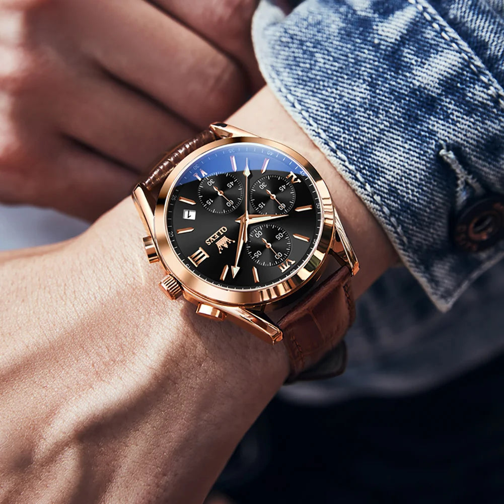 2021  New Fashion Mens Watches Top Brand Luxury Quartz Watch Premium Leather Waterproof Sport Chronograph Watches for Men
