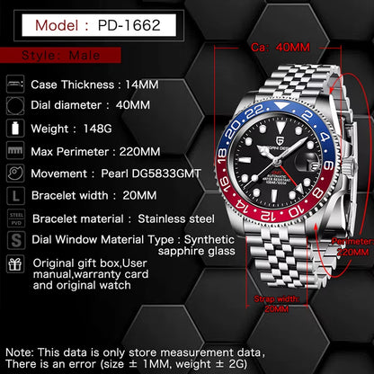 PD-1662 Luxury GMT Men Mechanical Wristwatch Sapphire Glass Stainless Steel 100M Waterproof Automatic Watches